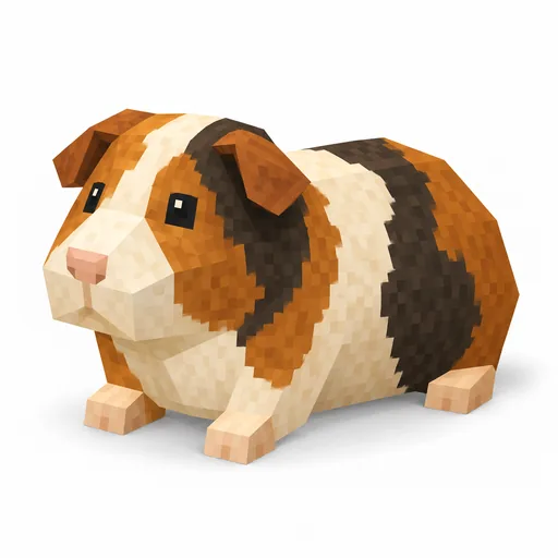 Ein weiß-braun-schwarzes Meerschweinchen mit kleinen gefalteten Ohren und kurzen Beinen.