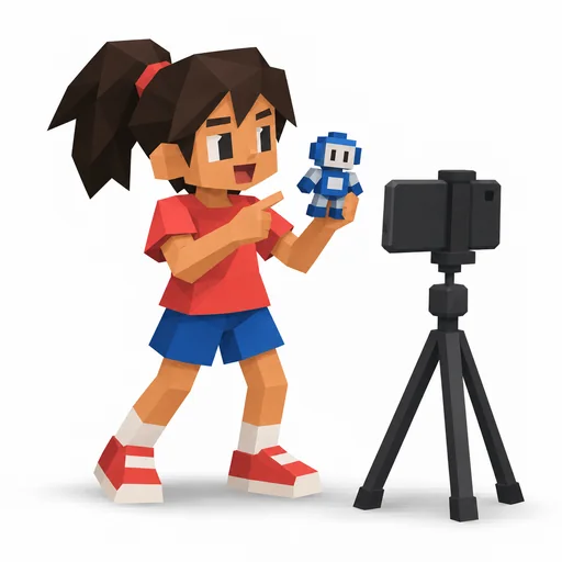 Ein Kind zeigt ein Spielzeug vor einem Smartphone auf einem Stativ.