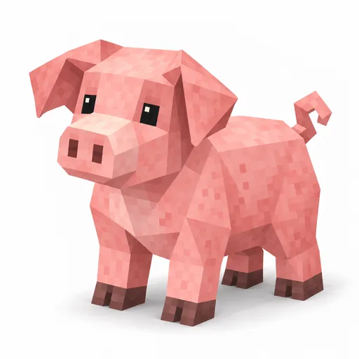 Ein rosa Schwein mit breiter Schnauze, dunklen Hufen und Ringelschwanz.