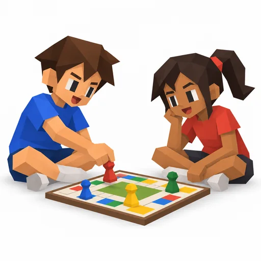 Zwei Kinder bewegen Spielfiguren auf einem Brettspiel.