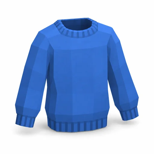 Ein blauer langärmliger Pullover mit rundem Ausschnitt ohne Kapuze.