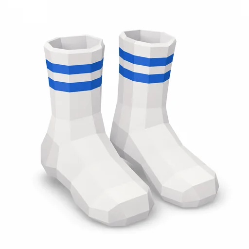 Ein Paar weiße Socken mit blauen Streifen am Bündchen.